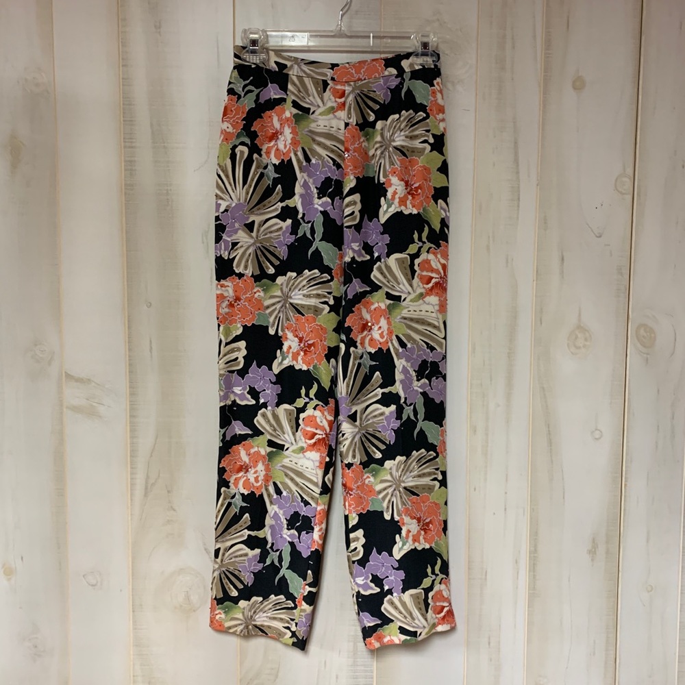 Papell Petites Black Coral Lavender Silk Pants 4P